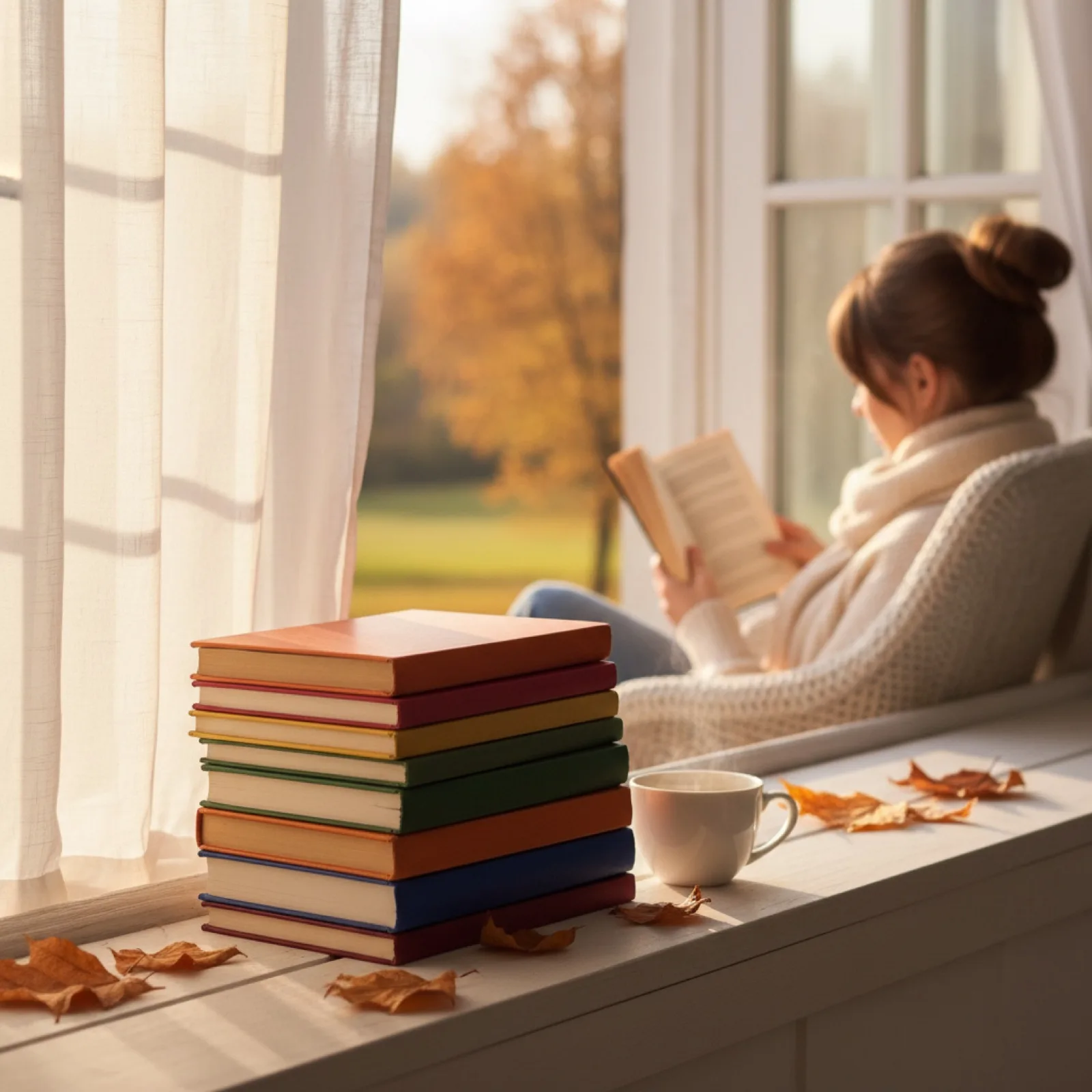 Une pile de romans aux tranches colorées sur un rebord de fenêtre — illustration de « « Love Lesson 2 » d'Emma Chase : le flirt d'été refait surface »