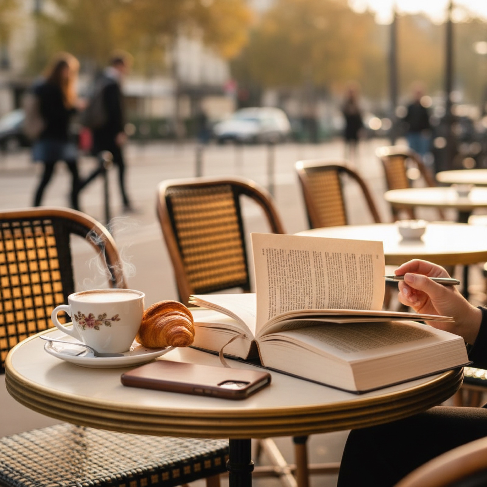 Un livre ouvert sur une table de café parisien en terrasse — illustration de « « Petits mensonges 2.0 » : tomber amoureuse derrière un avatar »