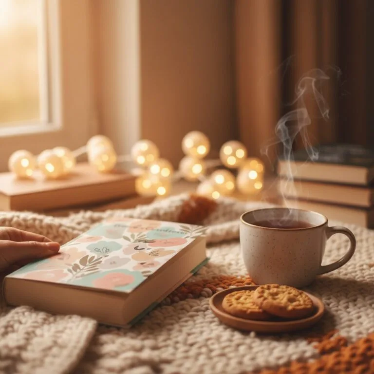 Un roman broché à couverture pastel posé sur un plaid en grosse maille — illustration de « « Stairway to Heaven » de Delinda Dane : un tatoueur, sa fille et une baby-sitter »