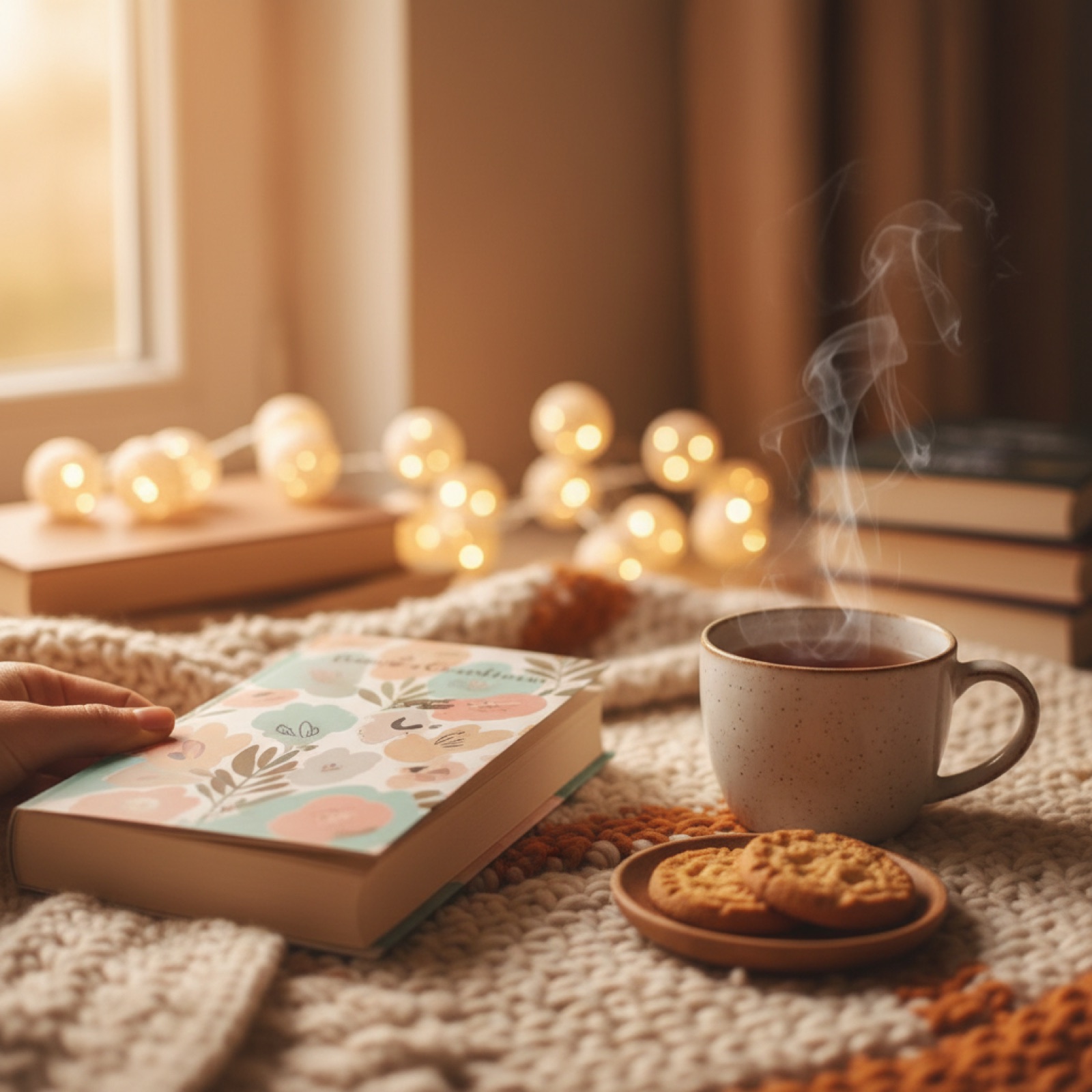 Un roman broché à couverture pastel posé sur un plaid en grosse maille — illustration de « « Stairway to Heaven » de Delinda Dane : un tatoueur, sa fille et une baby-sitter »