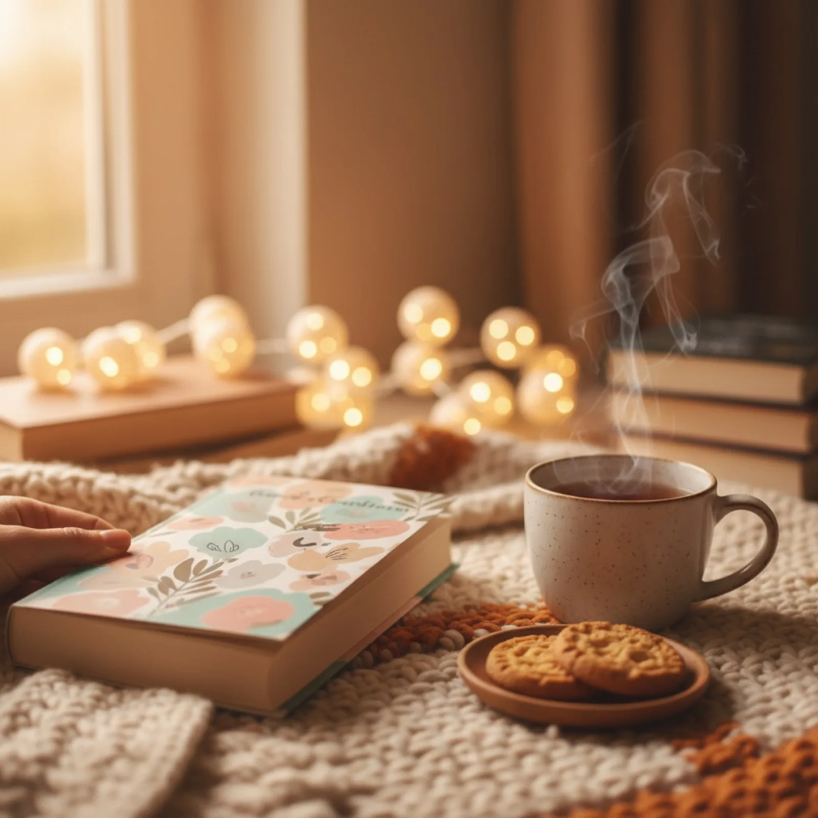 Un roman broché à couverture pastel posé sur un plaid en grosse maille — illustration de « « Stairway to Heaven » de Delinda Dane : un tatoueur, sa fille et une baby-sitter »