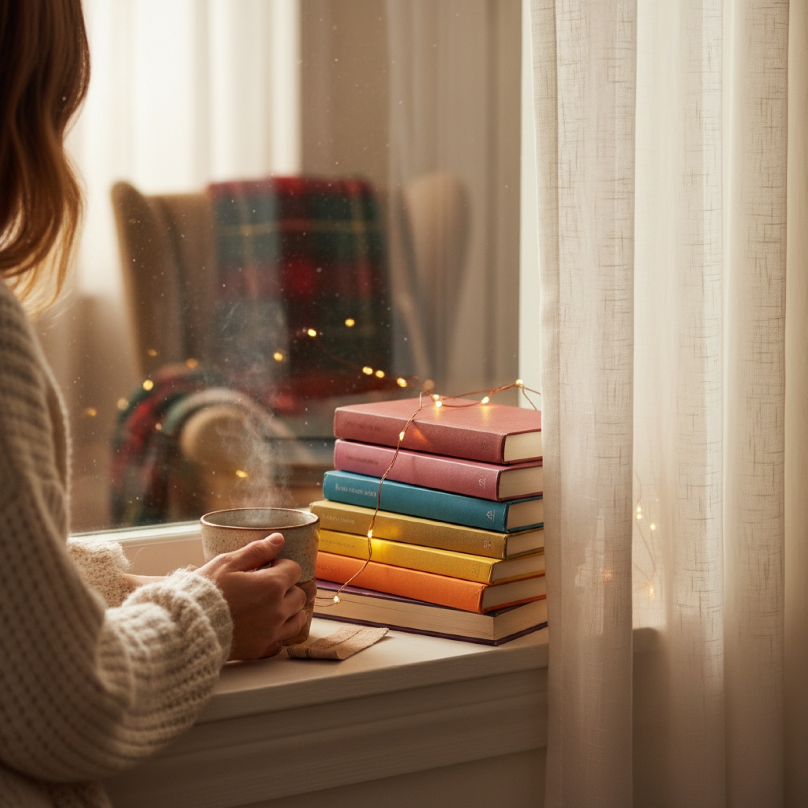 Une pile de romans aux tranches colorées sur un rebord de fenêtre — illustration de « « Campus Drivers, Book Boyfriend » : quand le tombeur consulte une lectrice »