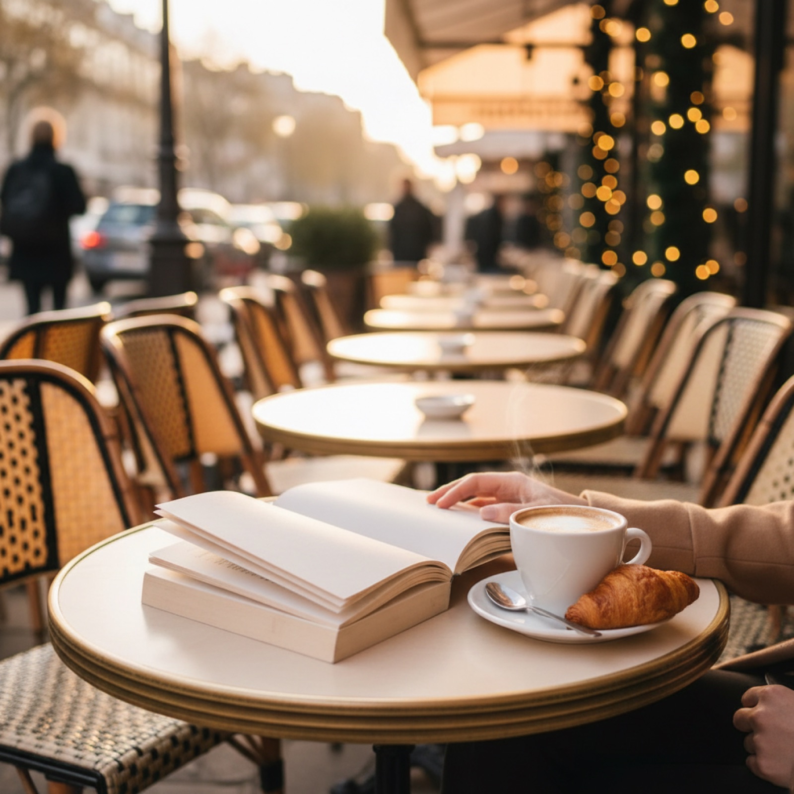 Un livre ouvert sur une table de café parisien en terrasse — illustration de « « N'oublie pas les chocolats » : et si le Grinch était une femme ? »