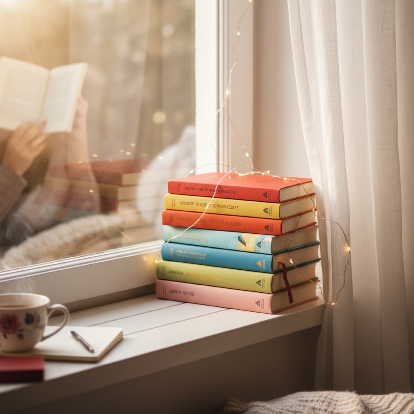 Une pile de romans aux tranches colorées sur un rebord de fenêtre — illustration de « « Sans faute » de Maloria Cassis : du handball, des livres et une porte d'à-côté »