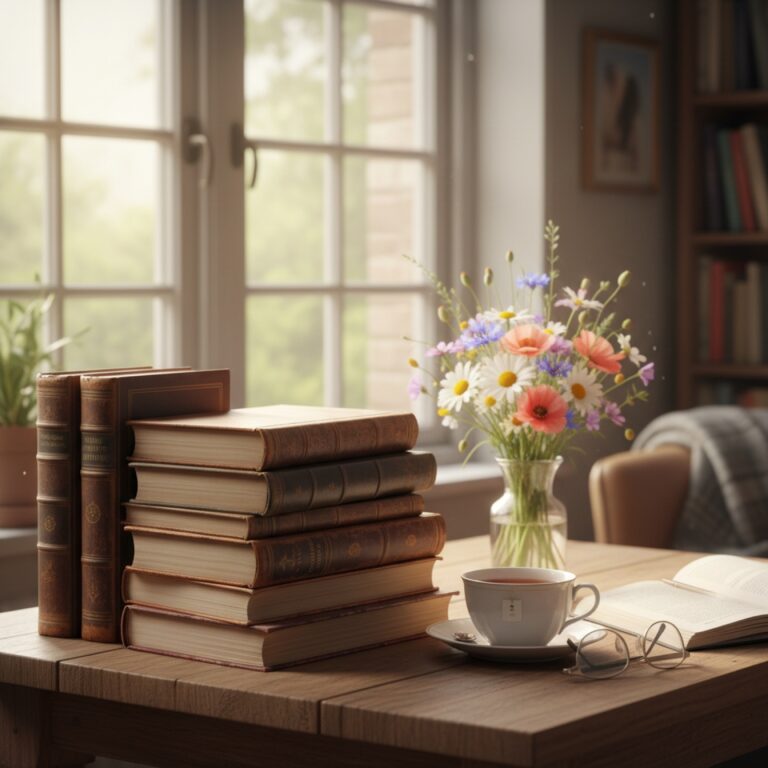 Une pile de classiques reliés aux tranches dorées près d'une fenêtre à croisillons — illustration de « « Northanger Abbey » : quand Jane Austen se moque des romans qu'elle aime »
