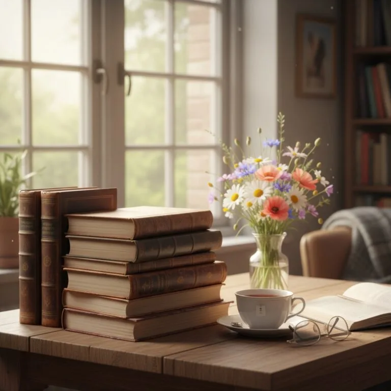 Une pile de classiques reliés aux tranches dorées près d'une fenêtre à croisillons — illustration de « « Northanger Abbey » : quand Jane Austen se moque des romans qu'elle aime »