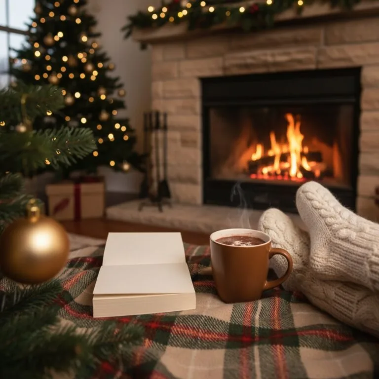 Un roman posé sur un plaid écossais près d'une cheminée — illustration de Ça sent le sapin à Noël », la romance enneigée d'Isa Lawyers