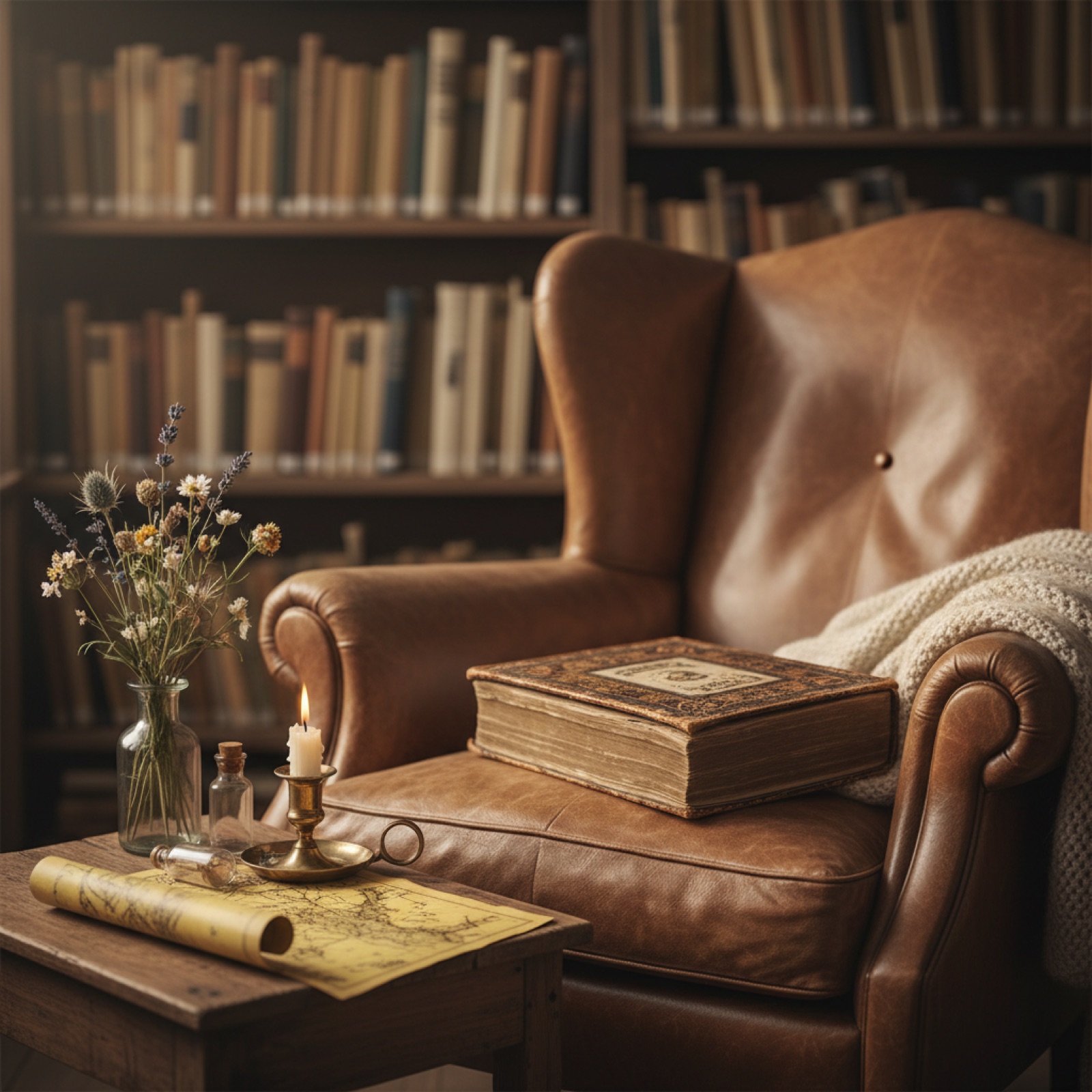 Un fauteuil en cuir dans une bibliothèque — illustration de La sorcière de Limbricht » : le premier roman de la collection Les Ailleurs !