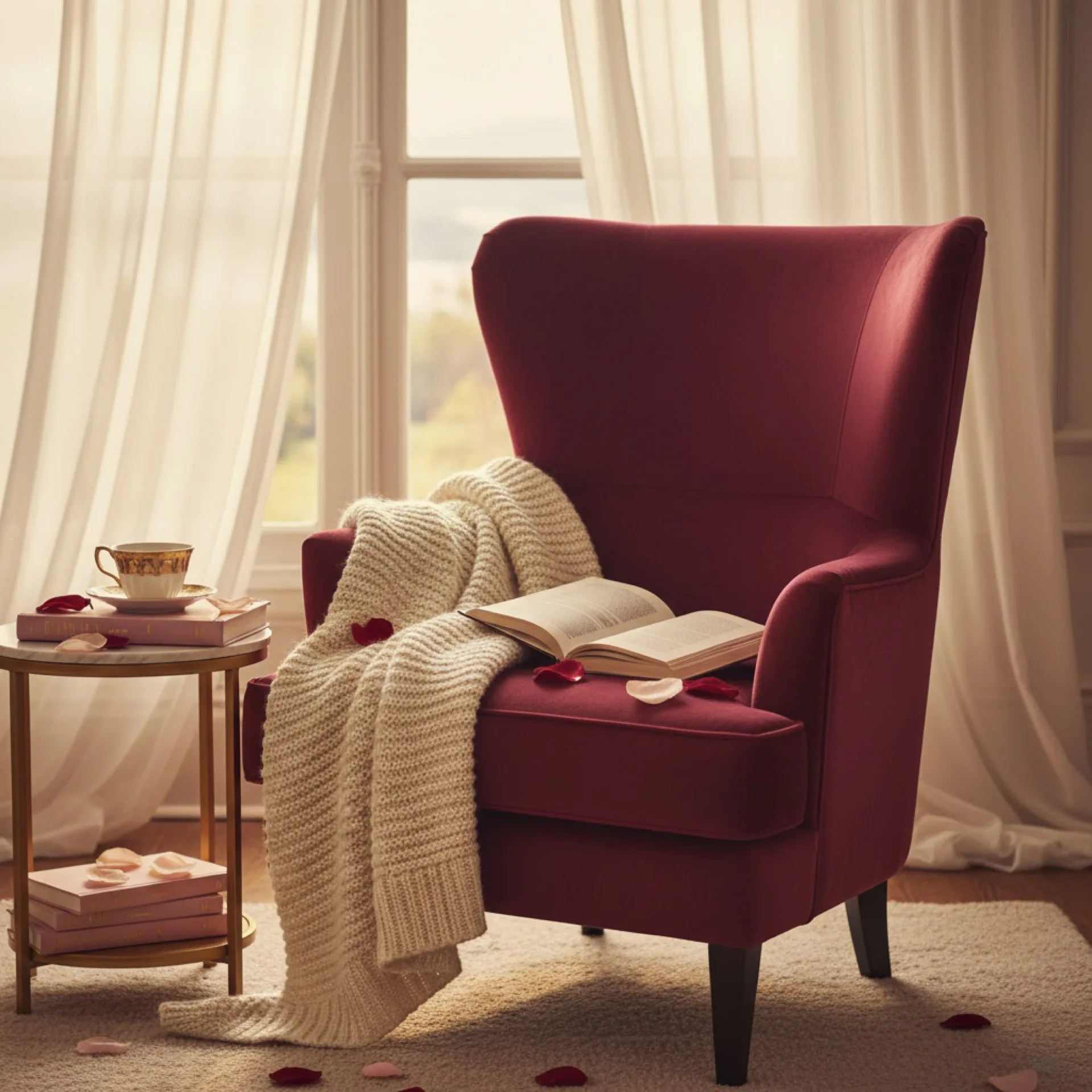 Fauteuil de velours framboise près d'une fenêtre, roman ouvert, plaid crème et tasse dorée