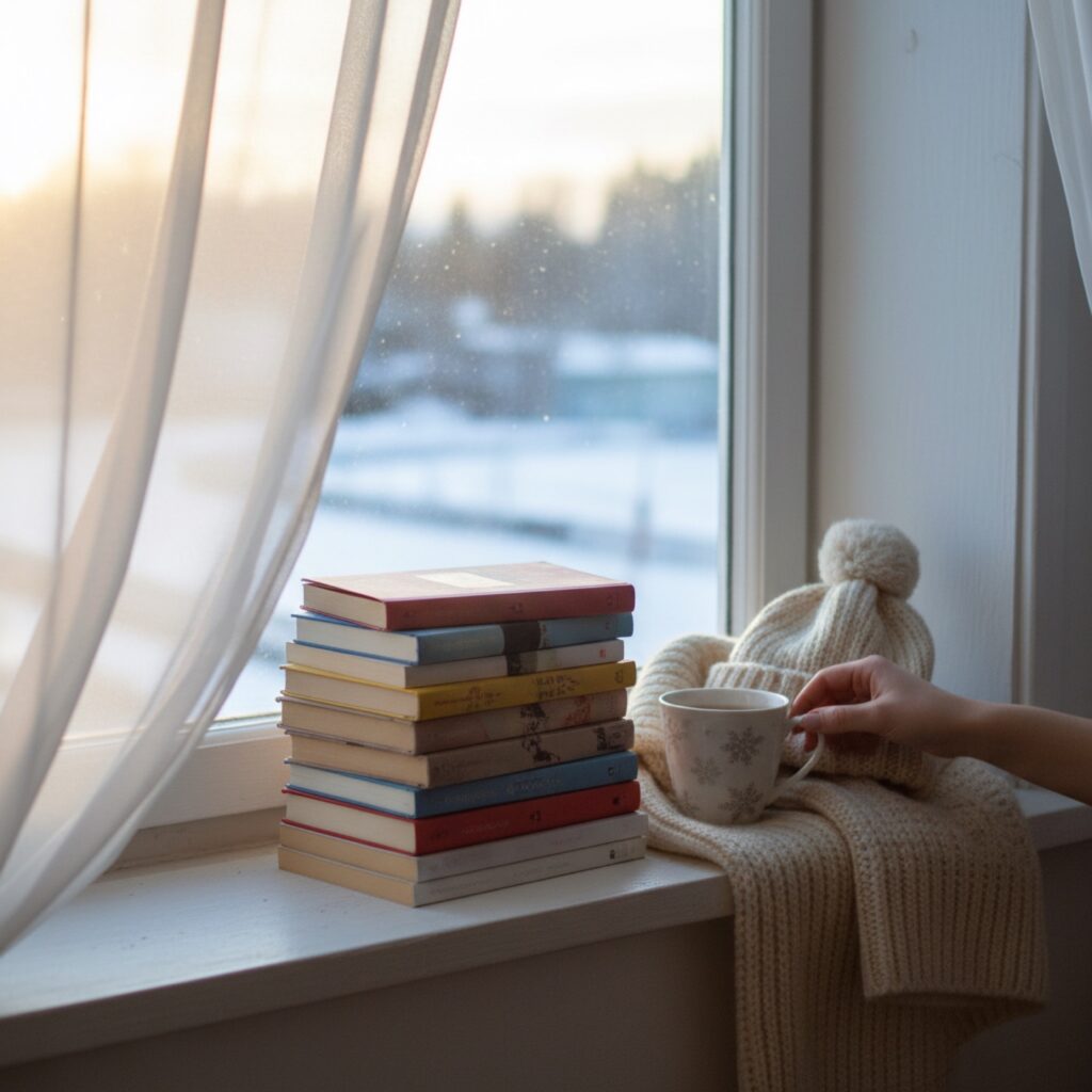 Un roman broché à couverture pastel posé sur un plaid en grosse maille — guide Livre hockey romance : pourquoi ces romans font fondre la glace