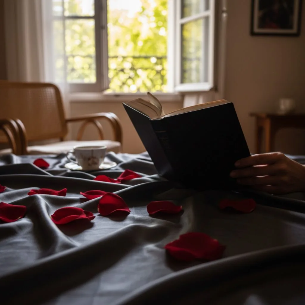 Livre sombre entre bougies et roses rouge foncé