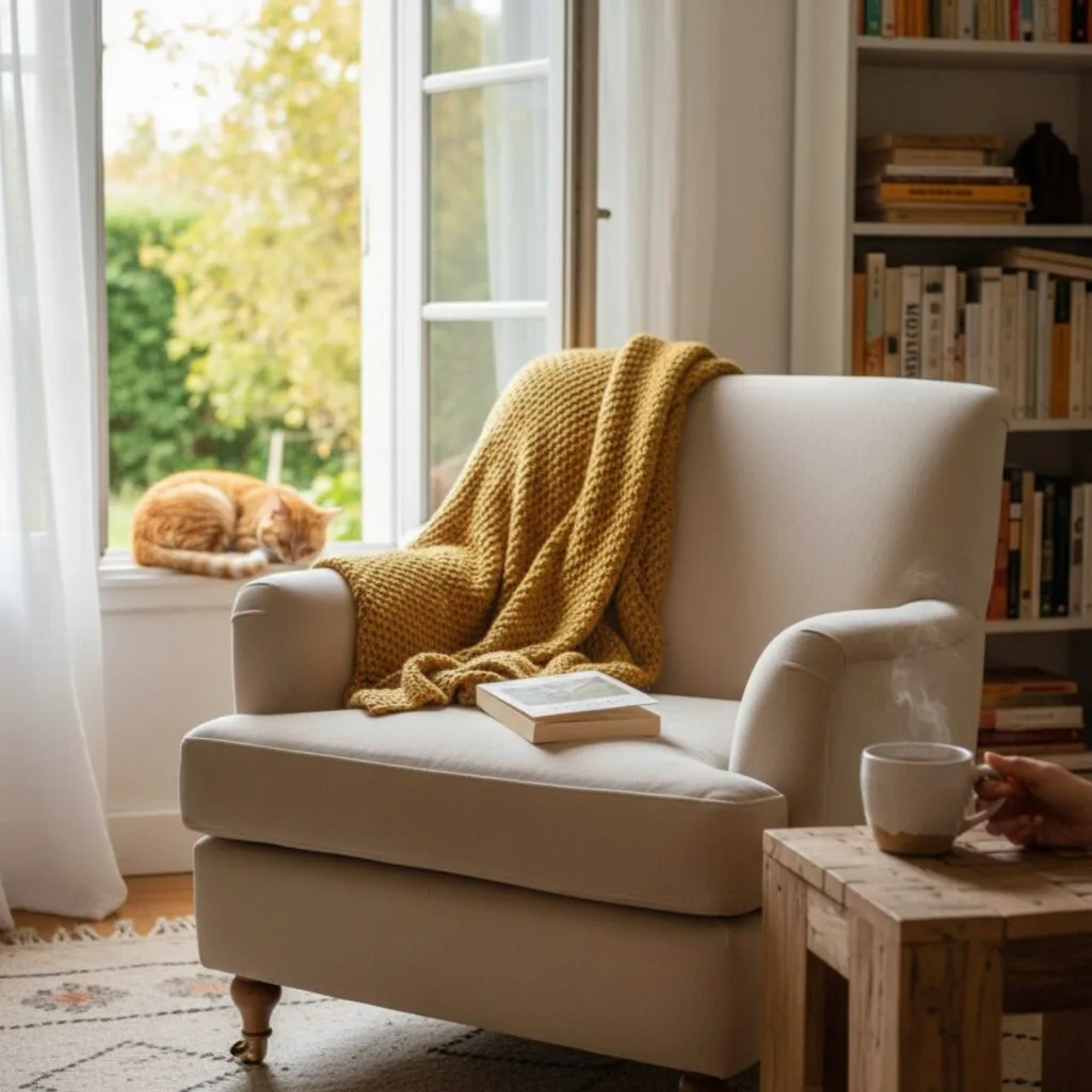 Fauteuil moelleux, plaid et tisane fumante près d'une fenêtre