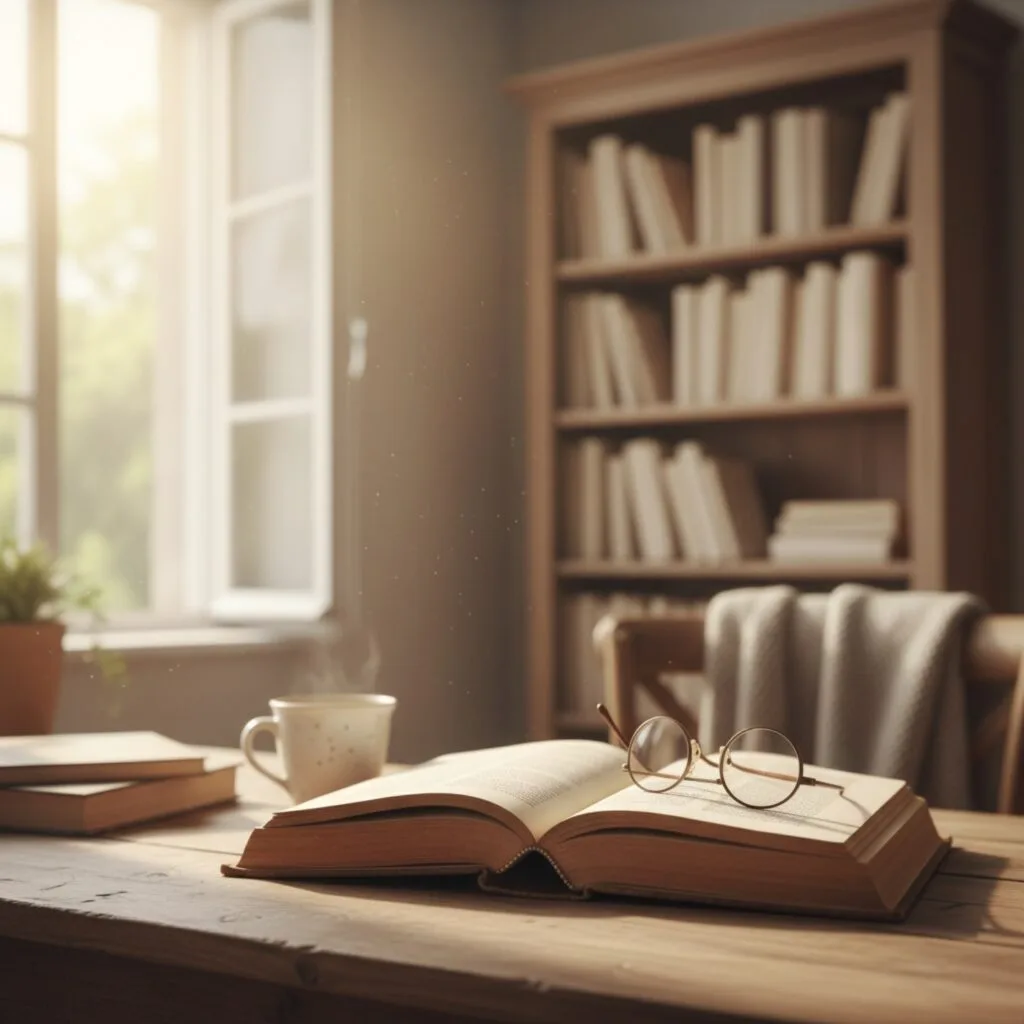 Vieux livre relié ouvert sur un bureau en bois patiné