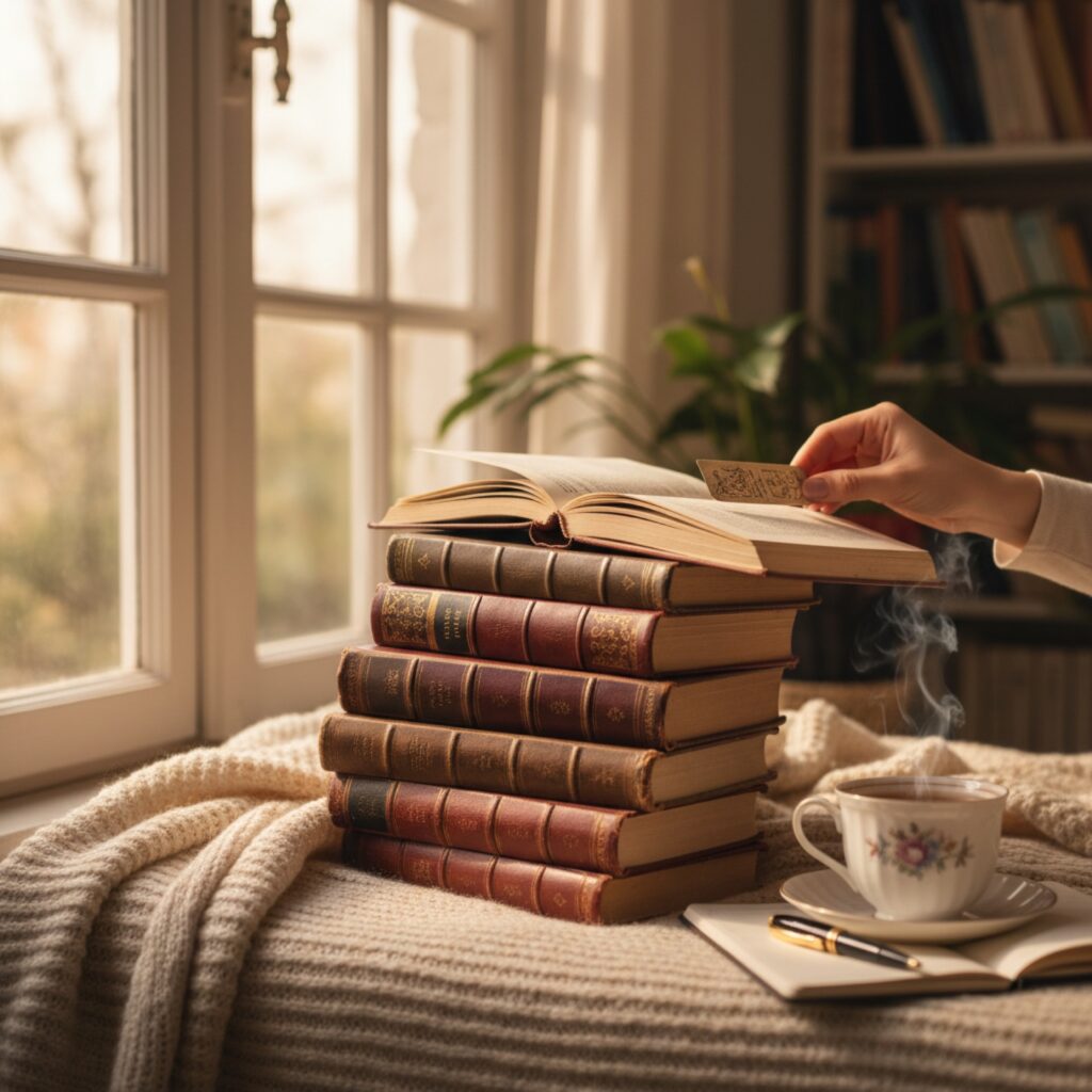 Une pile de classiques reliés aux tranches dorées près d'une fenêtre à croisillons — guide Roman d'amour : bien choisir parmi les classiques et la new romance