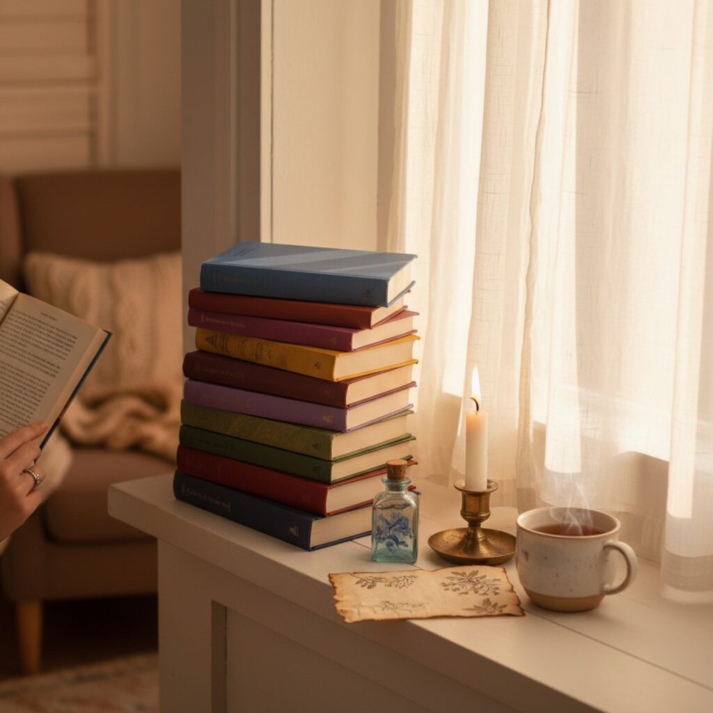 Un roman broché à couverture pastel posé sur un plaid en grosse maille — guide Livre fantasy romance : pourquoi la romantasy dévore nos PAL